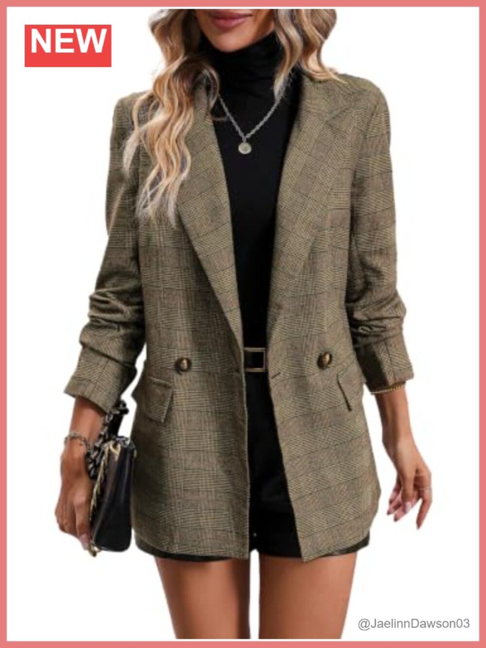 Women's Plaid Double-Breasted Blazer Business Casual Houndstooth Jacket